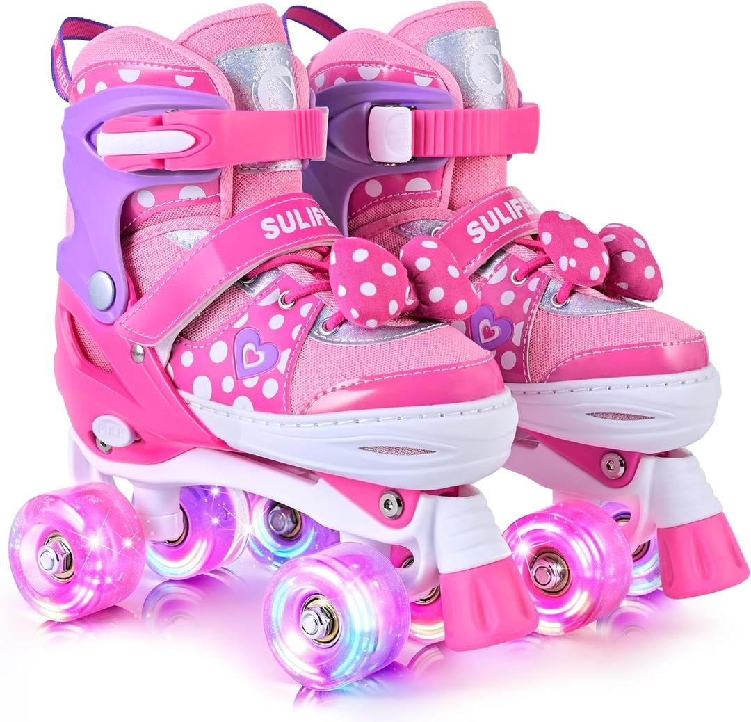SULIFEEL Roller Skates for Girls Ages 3-12, 4 Sizes Adjustable Kids Quad Skates with Light up Wheels-Birthday Gift for Indoor Outdoor Sports (Large - Youth, Rose)