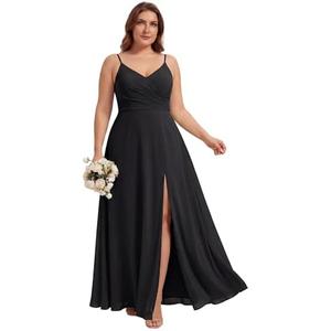 Ever-Pretty Plus Women's V-Neck Sleeveless Plus Size Bridesmaid Dress Chiffon A-Line Backless Spaghetti Slit Formal Dresses, Size XL, Black