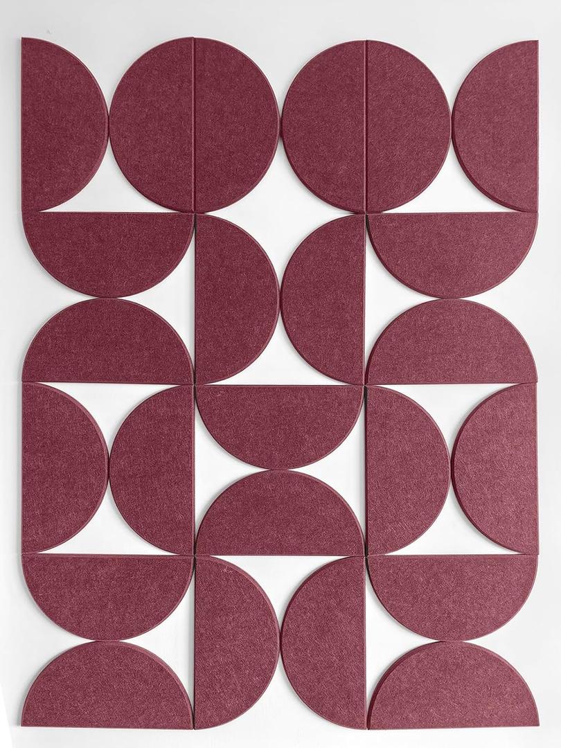 Half-Circle Felt Board Tiles, 12 Packs - Self Adhesive Wall Art & Acoustic Panels | Abstract Wall Decor for Home Office | Modern Pinboard - Red 