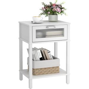 Nightstand Wooden Bedside Table with Drawer White Night Stands Modern Style Small End Table Side Table with Storage Shelf for Bedroom Living Room MLBZ10W