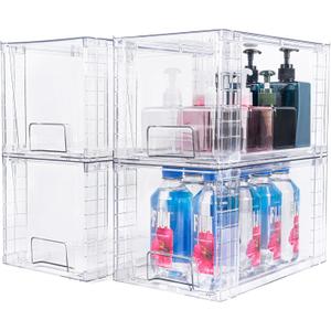 4 Pack Large Stackable Storage Drawers,Clear Acrylic Drawer Organizers with Handles, Easily Assemble for Kitchen Undersink,Bathroom,Cabinet,Makeup,Closet,Pantry,Organization and Storage