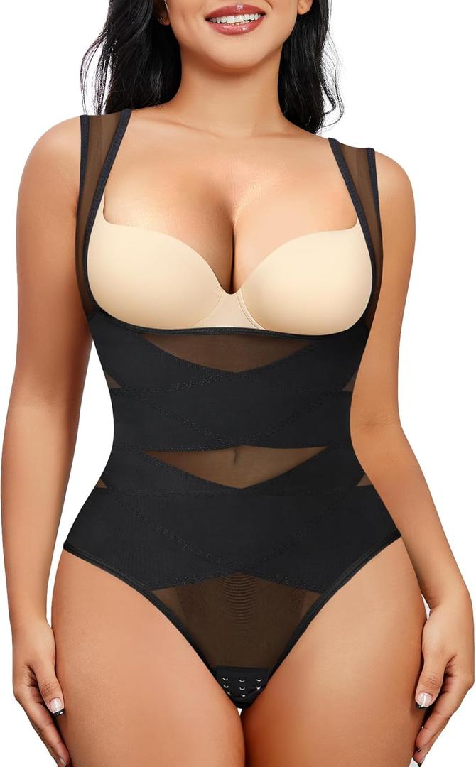 Nebility Thong Shapewear Bodysuit for Women Tummy Control Body Shaper Faja Seamless Waist Trainer Corset Stomach Girdles (Large)