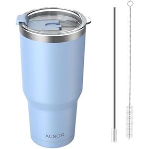 AUSOR 30 oz Tumbler with Lid and Straw, Water Bottle, Insulated Stainless Steel Tumbler for Hot & Cold, Coffee Travel Mug Cups Reusable Blue