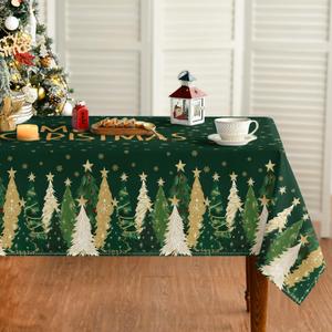 Horaldaily Christmas Tablecloth 60120 Inch Rectangular, Winter Stars Trees Green Washable Seasonal Table Cover for Party Picnic Dinner Decor