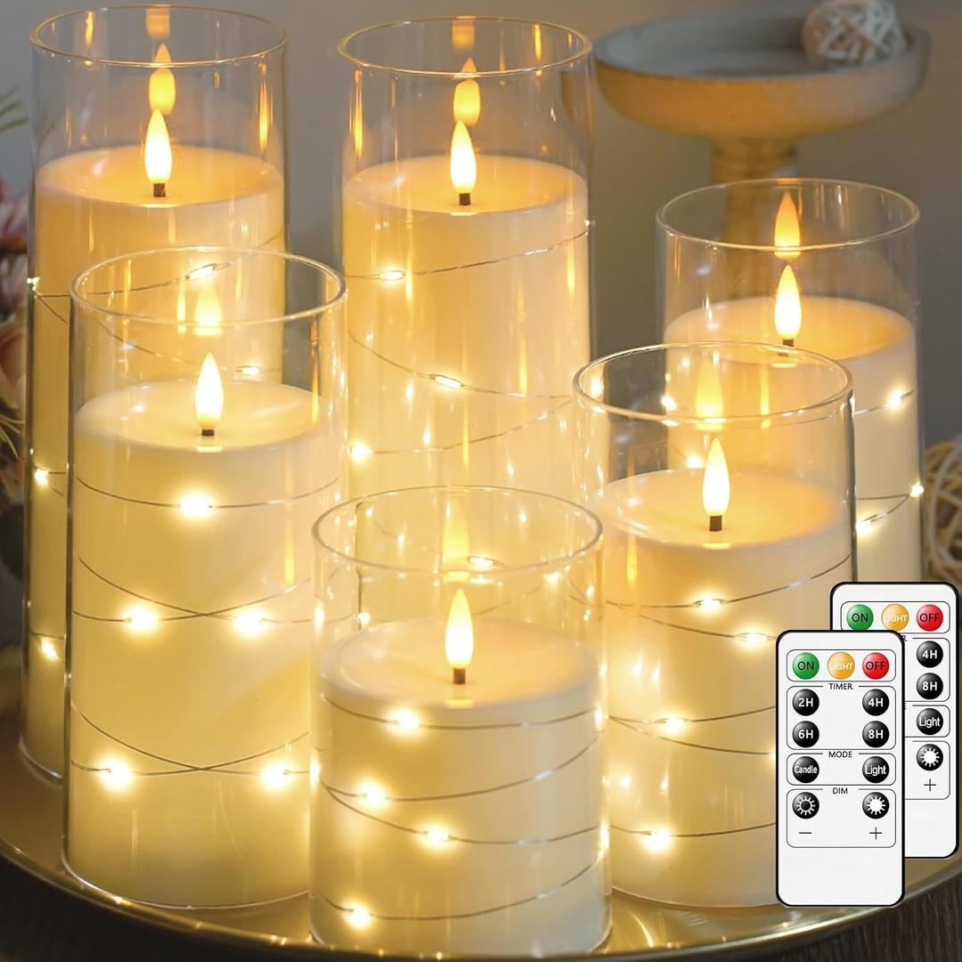 Lezonic Ivory Flameless Candles Battery Operated with Remote, Set of 6 LED Battery Operated Candles Flickering Embedded Fairy String Lights, 3 x 456688 inches (Ivory)