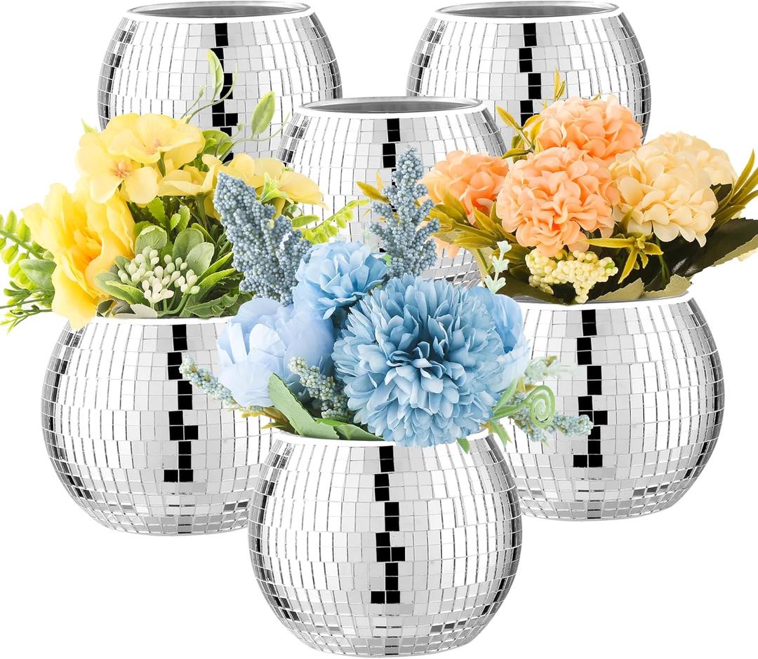6 Pcs Disco Ball Vase Disco Ball Planter for Centerpieces Disco Ball Decor Flower Vase with Silver Mirror Glass for Wedding, Birthday, Party (3" X 4")