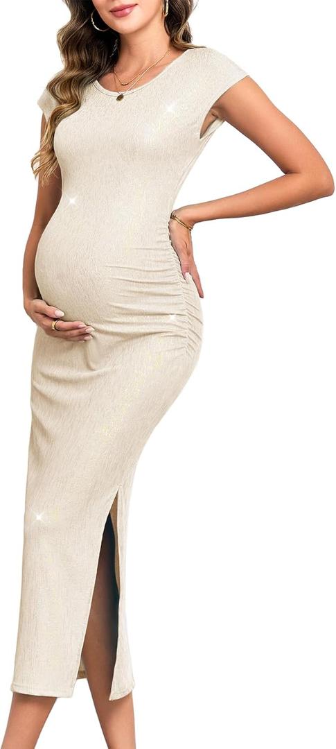 Women's Split Maternity Dress Fine Ribbed with Sparkly Gold Foil, Bodycon Ruched Pregnancy Dresses Baby Shower (Medium)