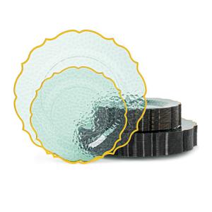 Disposable Plates with Gold Rim, Heavy-duty Clear Plastic Plate Include 10" Dinner and 7" Salad Plate for Party and Wedding