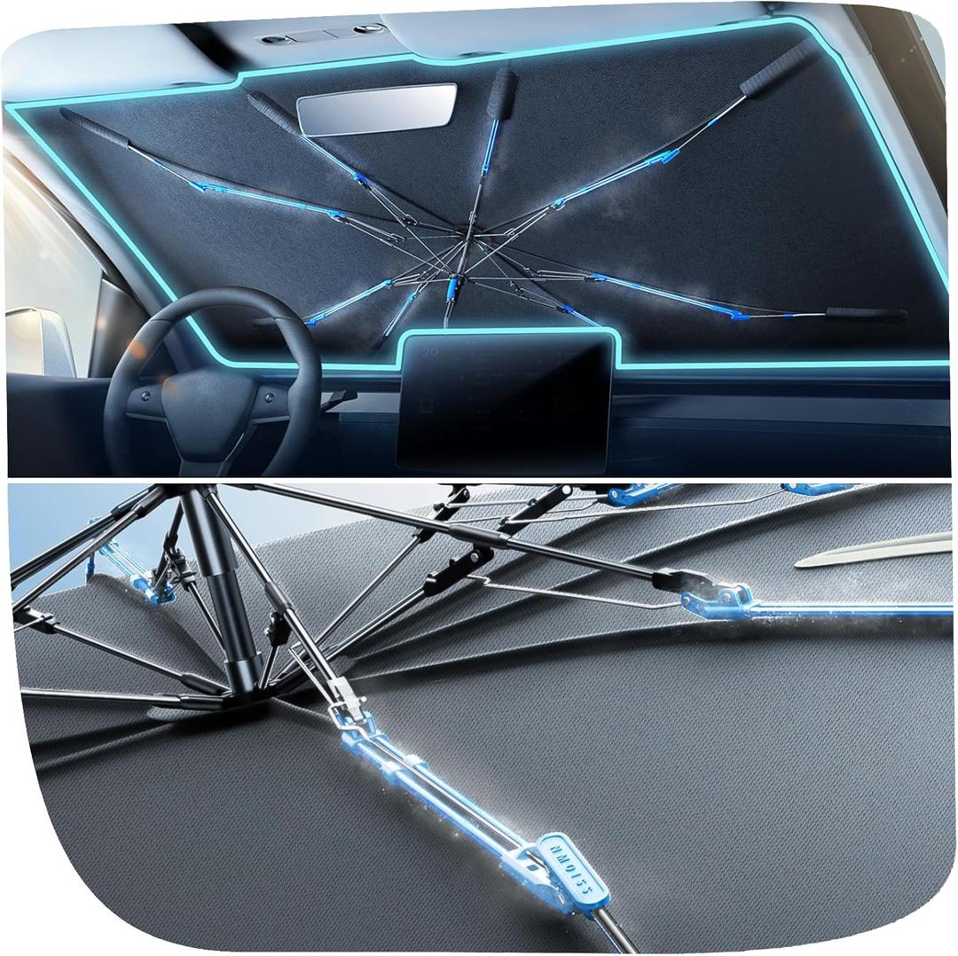[2025 Upgraded] Nmoiss Windshield Sun Shade Umbrella [Ice Rib] High Speed Cooling 99% UV Blocking Protects Car from Sun and Heat Damage, Keeps Cool and Protects Interior Medium (56" L x 31" W)