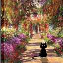 Lwwartxm Monet Garden Black Cat Poster Canvas Wall Art Vintage Famous Oil Paintings for Bathroom Home Office 12"x18" Framed