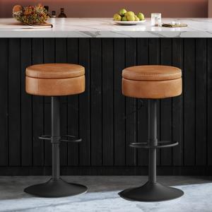 VASAGLE EKHO Collection - 360° Swivel Bar Stools, Height Adjustable Barstools with Storage, Synthetic Leather with Stitching, 2 Pack, Caramel Brown