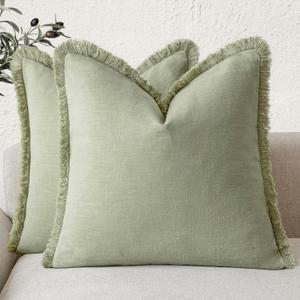 Foindtower Set of 2 Decorative Linen Fringe Throw Pillow Covers Boho Farmhouse Cushion Cover with Tassels Soft Accent Pillowcase for Couch Sofa Bed Living Room Home Decor,1818 Inch,Light Sage Green
