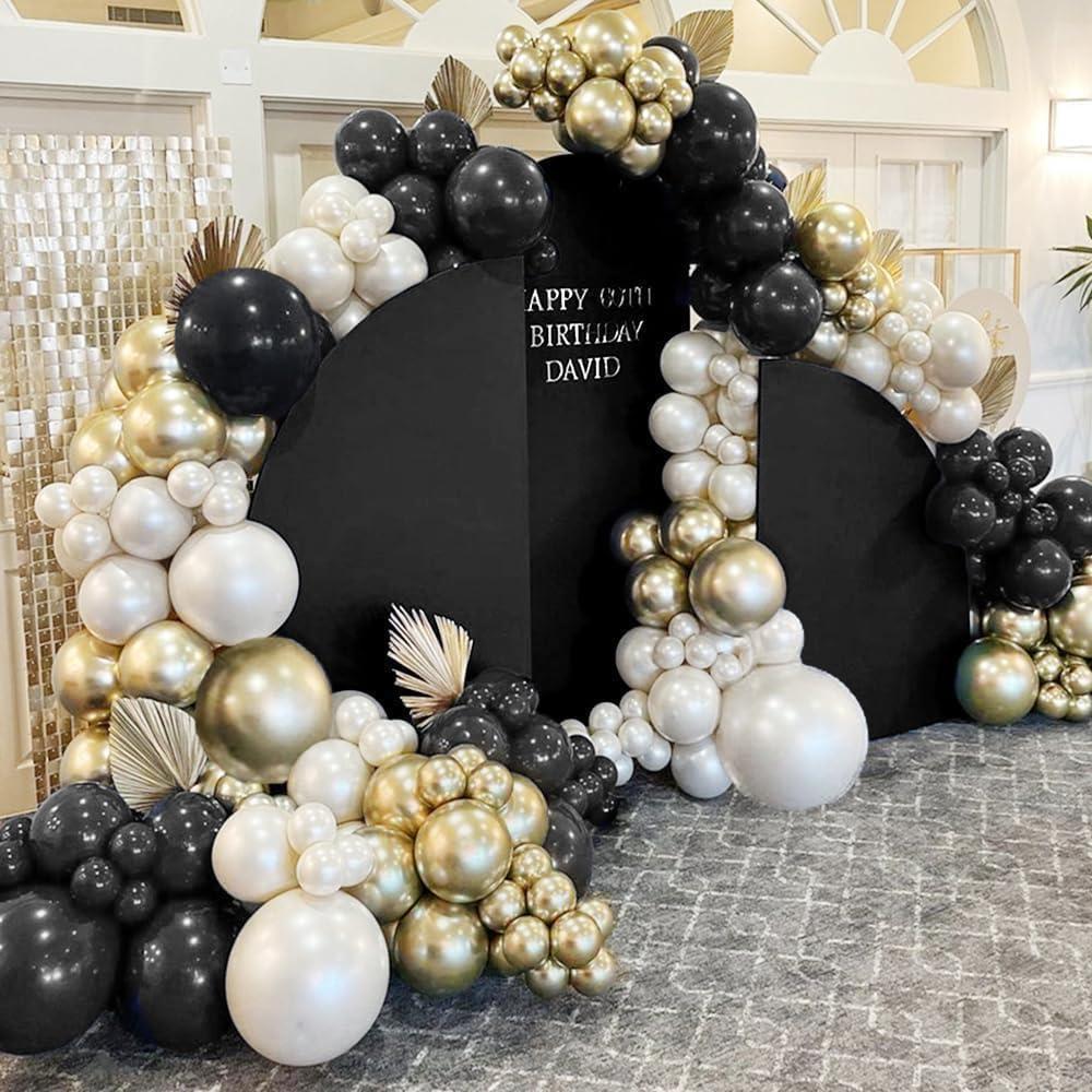Black White Gold Balloon Garland Double Stuffed Pearl White Sand Champagne Metallic Gold Balloon Arch Kit Cream Latex for Neutral Birthday Graduation Wedding Bachelorette Anniversary Party Decorations (Black White Metallic Gold)