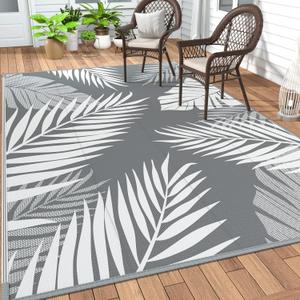 GENIMO Outdoor Rug 9' x 12' Waterproof for Patios Clearance, Reversible Plastic Straw Camping Carpet, Large Area Rugs Mats RV, Picnic, Backyard, Deck, Balcony, Porch, Beach, Grey&White
