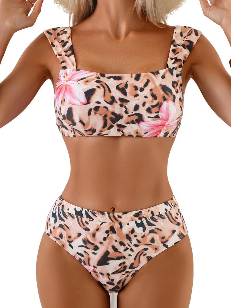 Eomenie Women's Square Neck Bikini Sets Wide Straps Two Piece Swimsuit Retro Mid Waisted Bathing Suit (M)