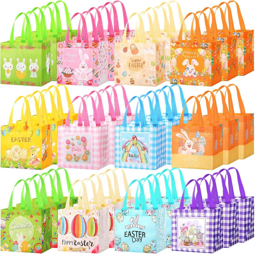 Locmeo 60 Pcs Easter Gift Bags with Handles Bulk Non Woven Reusable Bunny Egg Hunt Bags Easter Basket Tote Treat Goodie Bags for Easter Party Supplies Spring Holiday Gifts Wrapping, 8.37.95.9in