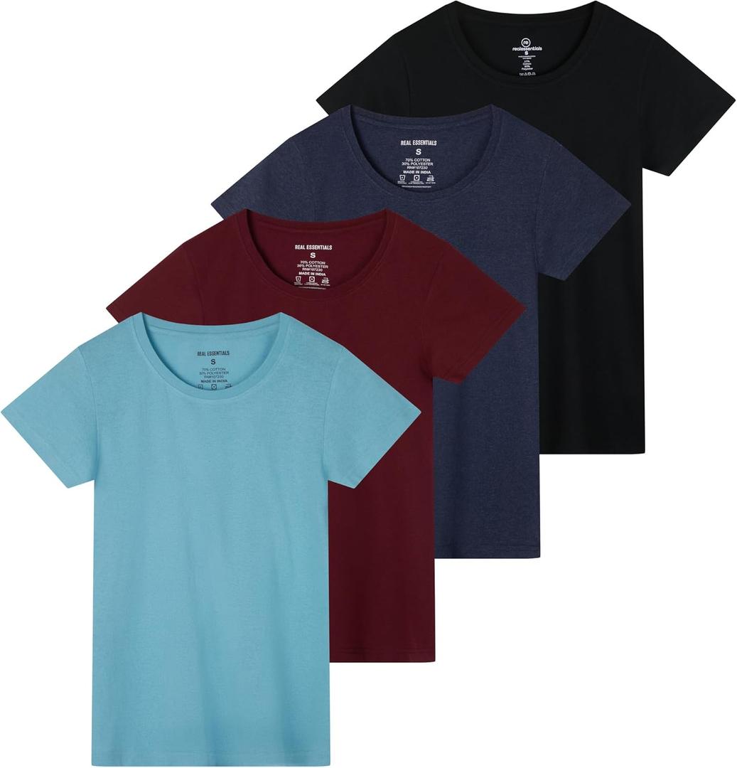 Real Essentials 4 Pack: Women's Classic-Fit Cotton Short-Sleeve Scoop Crew Neck T-Shirt (3X, Set 5)