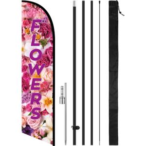 Tingjoo 15FT Flowers Feather Flag Pole Kit for Outdoor Advertising Feather Banner with Fiberglass Pole Kit and Ground Spike for Outdoor Event Planning