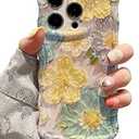 EYZUTAK Case for iPhone 15 Pro, Colorful Retro Oil Painting Flower Laser Glossy Cute Curly Wave Edge Case Stylish Durable Soft TPU Protective Phone Cover for Girl Women - Yellow Flower/ Purple