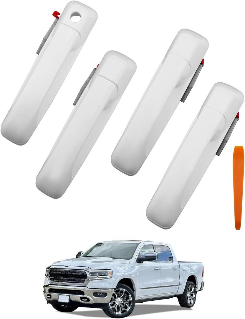 White Exterior Door Handle Set (4PCS), Compatible with 2009-2020 Dodge Ram 1500, 2500, 3500 Crew Cab Truck, Outside Front & Rear Left & Right, Replace# 81012, 81013, 1GH21AXRAF, Outer Door Handle Part