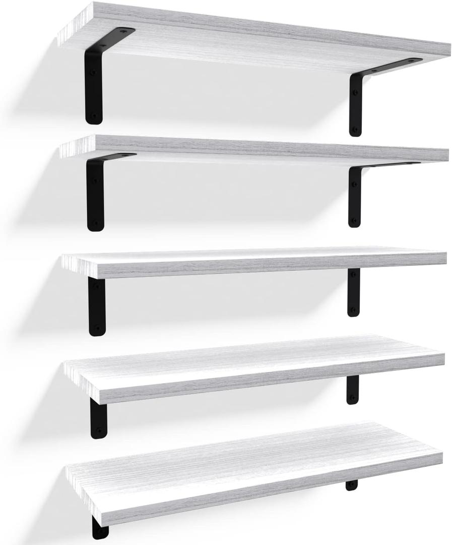RICHER HOUSE Floating Wall Shelves, Rustic Wood Bathroom Shelves Set of 5, Farmhouse Style Shelf for Dcor, Hanging Bedroom, Storage, Kitchen, Living Room - White