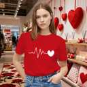 Valentines Shirts for Women Valentines Day T-Shirt Heartbeat Pattern Tee Tops (Red, XL)