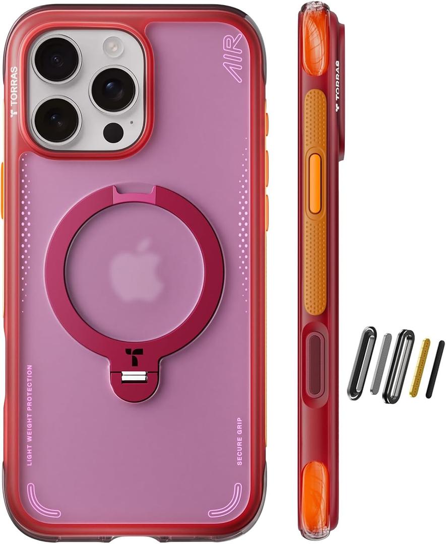 TORRAS Ostand Q3 Air for iPhone 16 Pro Max Case with 360 Magnetic Stand, Fit for MagSafe, Military Grade Drop Tested, Camera Control Button, Shockproof Phone Case for iPhone 16 Pro Max 6.9", Lava Red