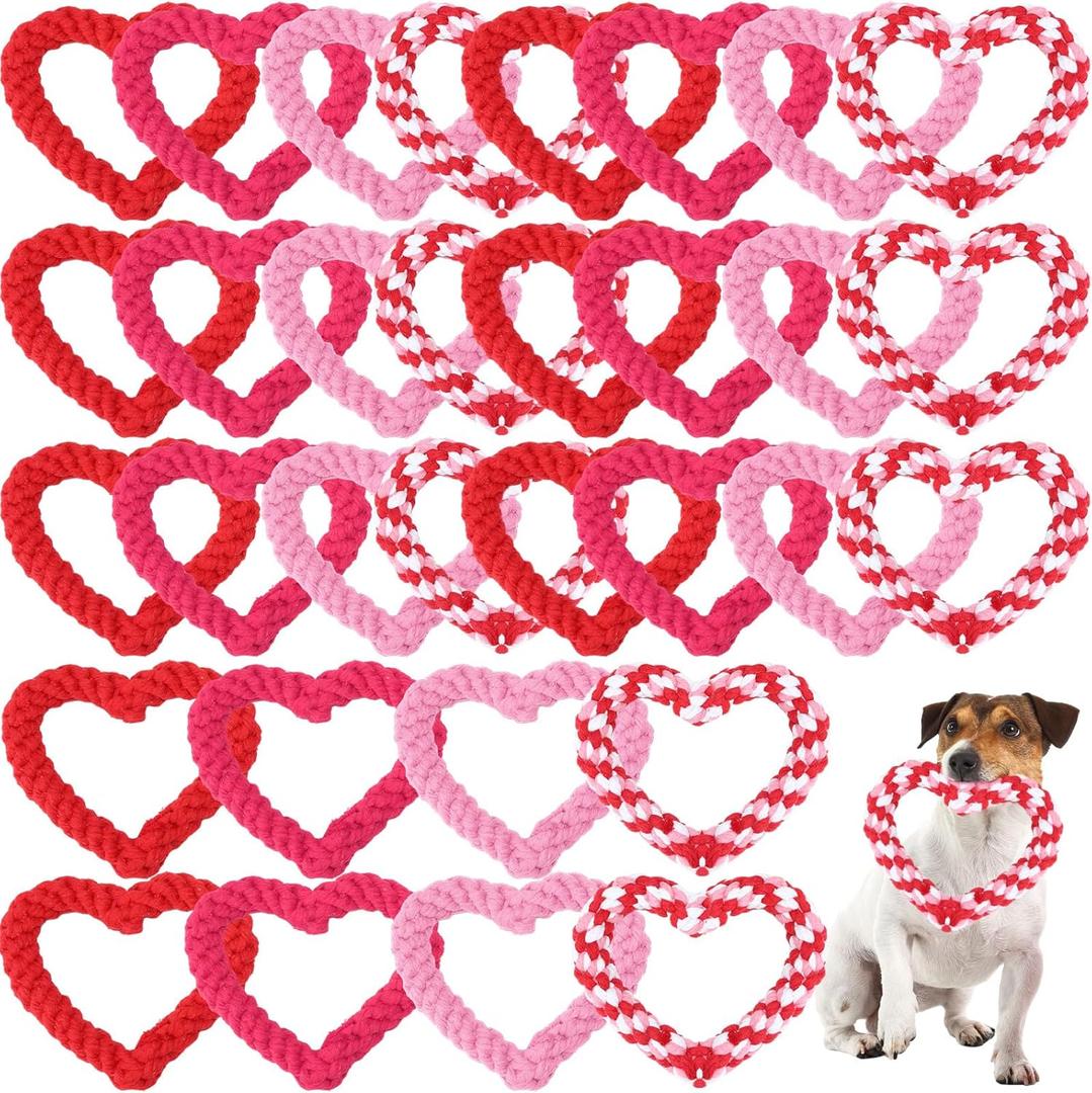 Jexine 32 Pieces Valentine Dog Rope Toys Heart Shape Pet Chew Toys for Small Medium Large Dogs Valentines Costume Teething and Cleaning