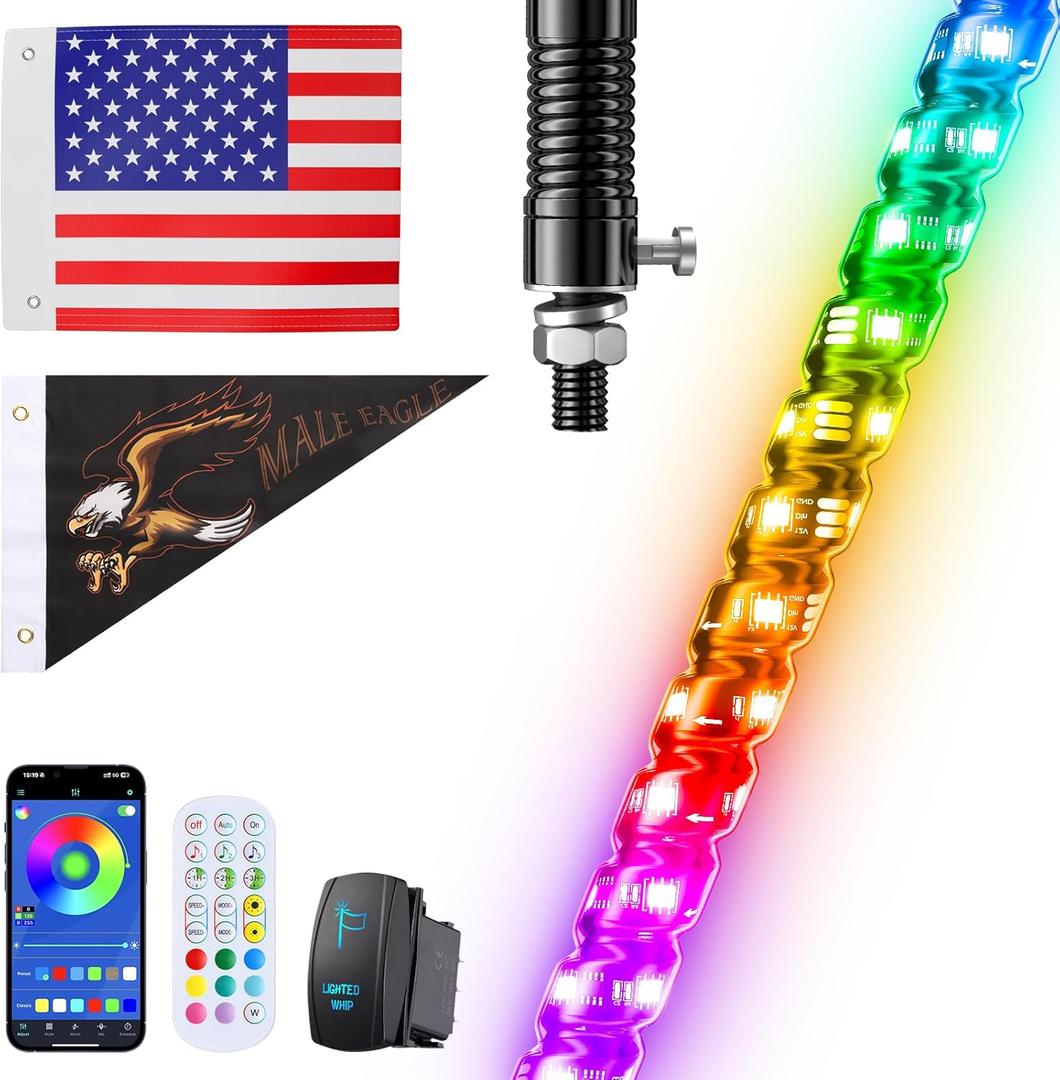1 PC 4FT Whip Lights with Spring Base, APP & Remote Control Led Whip Lights for Side by Side, Spiral RGB Chasing Lighted Whips with Rocker Switch, Music Led Whips for UTV ATV RZR SXS Can-Am