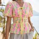 Cicy Bell Summer Babydoll Peplum Tops V Neck Puff Sleeve Bow Floral Shirts (Pink, M)