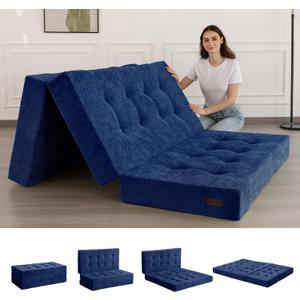 MAXYOYO Tri-Fold Mattress, 6 Inch Tufted Folding Mattress with Chenille Fabric, Portable Full Size Floor Guest Mat for Adults, Foldable Topper for Camping, Navy, 53"x75"
