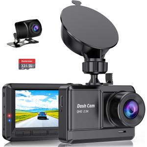 2.5K+1080P Mini Dash Cam Front and Rear, Dash Camera for Cars with 32GB SD Card, 2.45 inch IPS Screen, 2 Mounting Ways, Night Vision, WDR, G-Sensor Lock, Loop Recording, Parking Monitor, Black