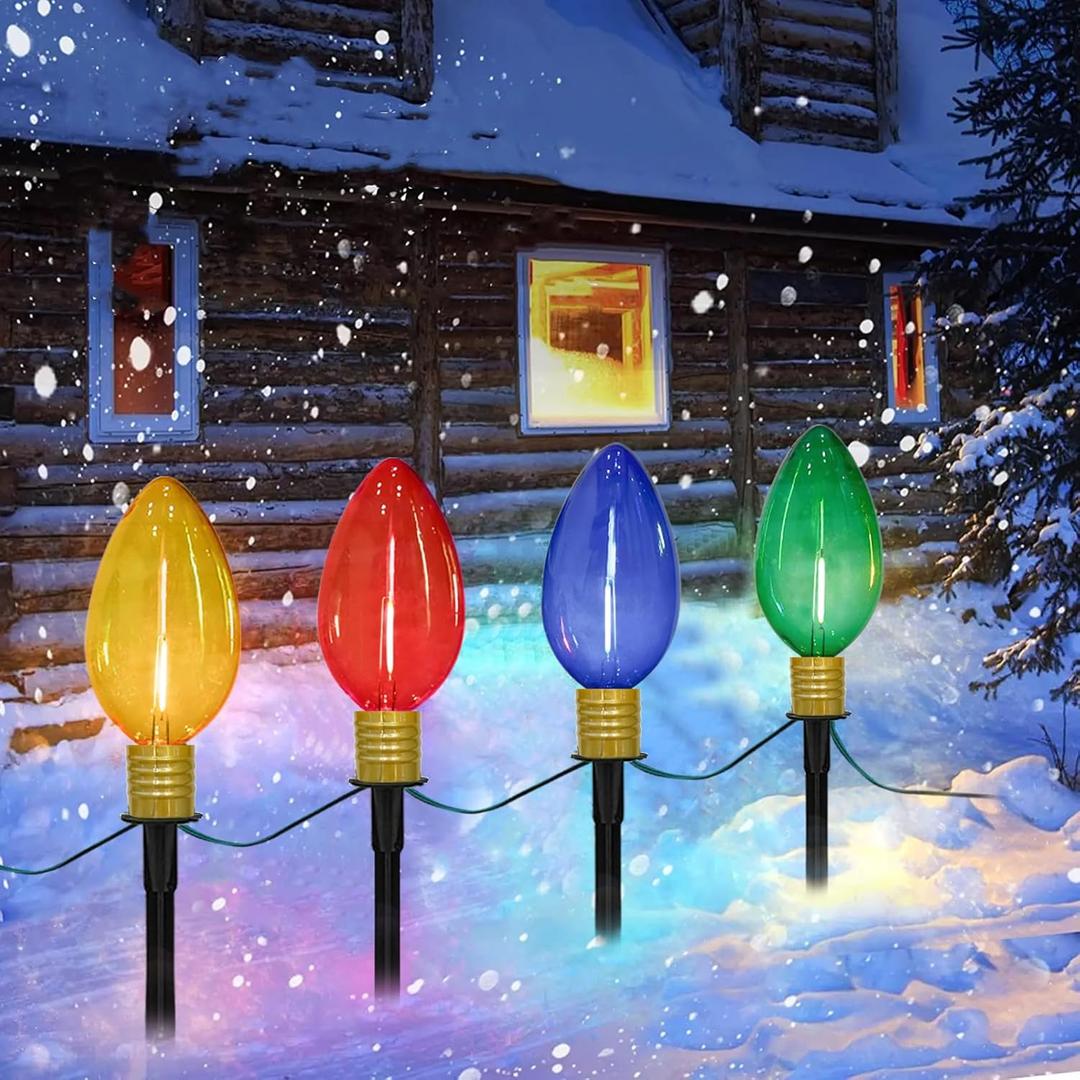 C9 Christmas Multicolor Pathway Lights, 7Ft Outdoor Christmas Pathway Markers Stakes Lights with 4 Jumbo C9 Multicolor LED Bulbs, Connectable Xmas Walkway Light for Driveway Yard Lawn Garden