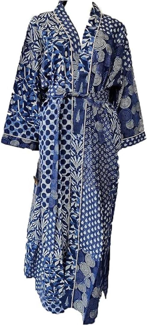 Cotton Kimono Robes for Women's, Light Bathrobe for Women, Dressing Gown Kimono Robe, Long Kimono Robe Traditional Kimono for Women Blue