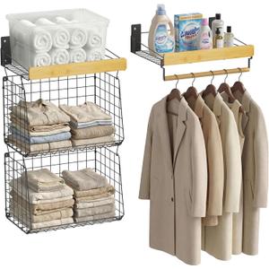 Wall Mounted Laundry Room Shelves, Wire Baskets with 8 Hooks and Hanging Rod, Over The Washer and Dryer Shelf, Drying Rack, Laundry Room Organizer and Storage, 2 Pack Black