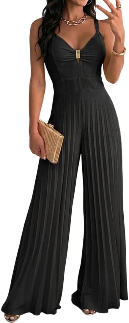 CHICME Women 2026 Sleeveless Deep V Sling Jumpsuit High Waist Pleated Jumpsuit Casual Beach Party Outfit with Lining L