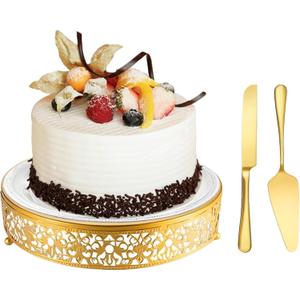 MTJYQTF Gold Cake Stand Set - Metal Round Cupcake Dessert Stand with Cake Cutting & Cake Spatula for Party, Candy Table Display for Wedding Birthday Baby Shower12x12x2.4 IN CS003-pan