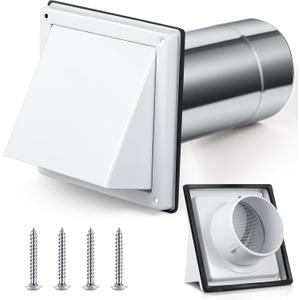 Gisafai 4" Dryer Vent Cover Outside with Stainless Steel Guard Wall Dryer Exhaust Cap and Removable Extended Pipe Vent Shroud Hood Cushioned Non Return Flap with Sealing Gasket Grille(White)