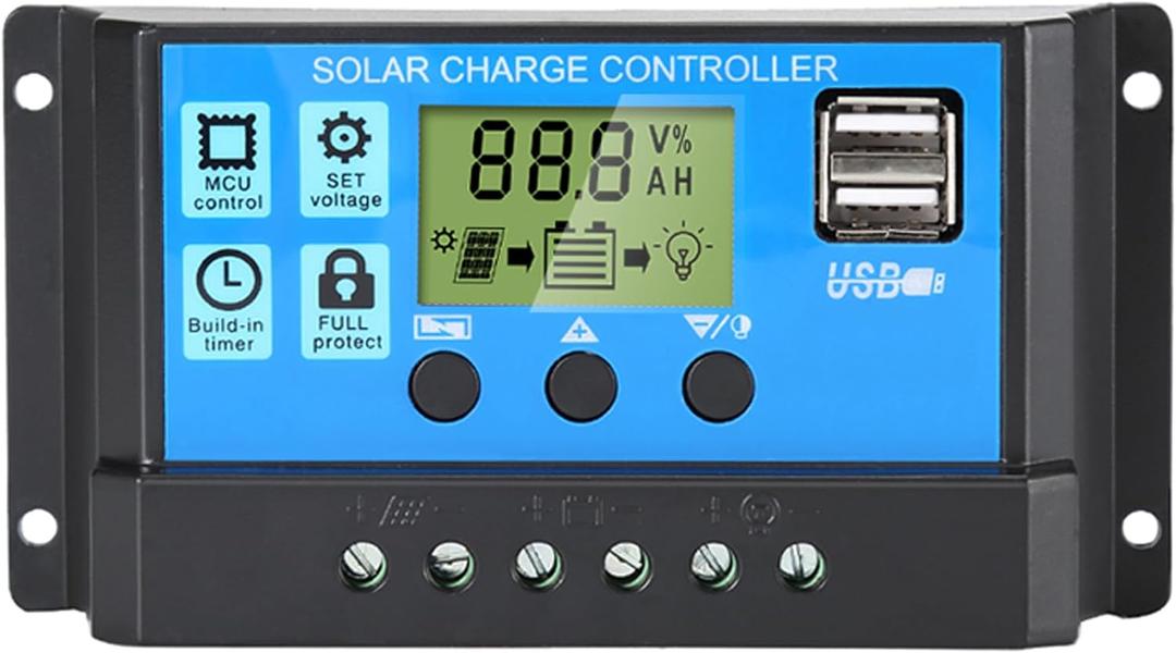 30A Solar Charge Controller, 12V/24V Dual USB Solar Panel Battery Intelligent Regulator with LCD Display, PWM Auto Parameter Adjustable, Timer Setting, Multiple Load Control Modes