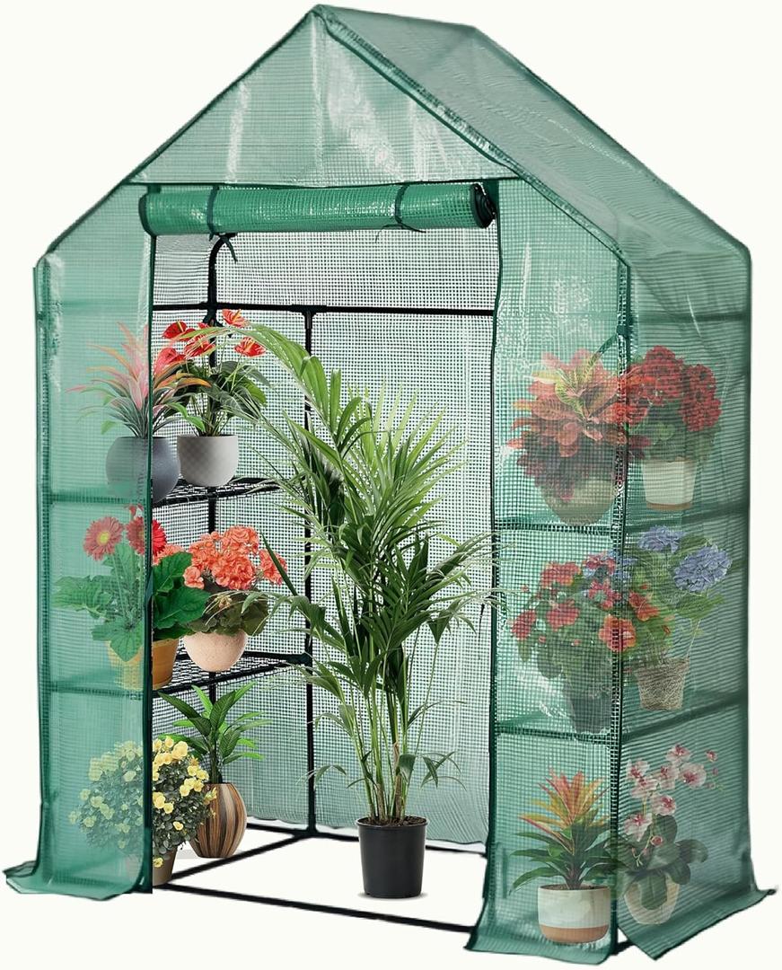Portable Greenhouse for Outdoors | Walk in Greenhouses Heavy Duty with Durable PE Plant Cover with 3 Tiers of 12 Shelves | Gardening Plant House with Roll-up Zipper Door - 57*57*77 Inches