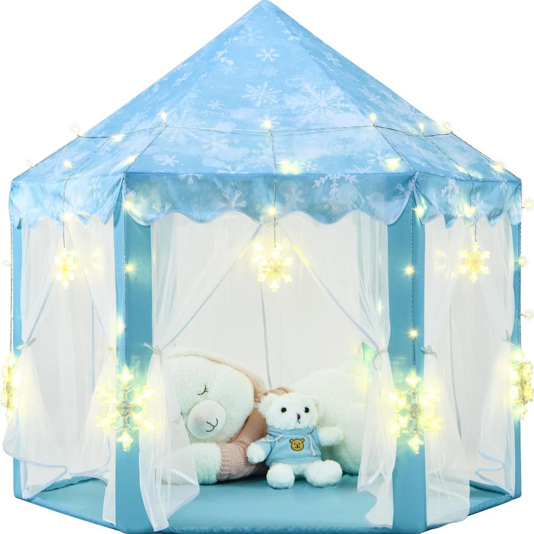 Frozen Princess Tent for Girls, Kids Play Tent with LED Large Snowflake Lights, Castle Playhouse Tent for Children Toddlers Indoor Outdoor Games, 55x53 Inches, 04 Frozen Tent with Large Snowflake Lights