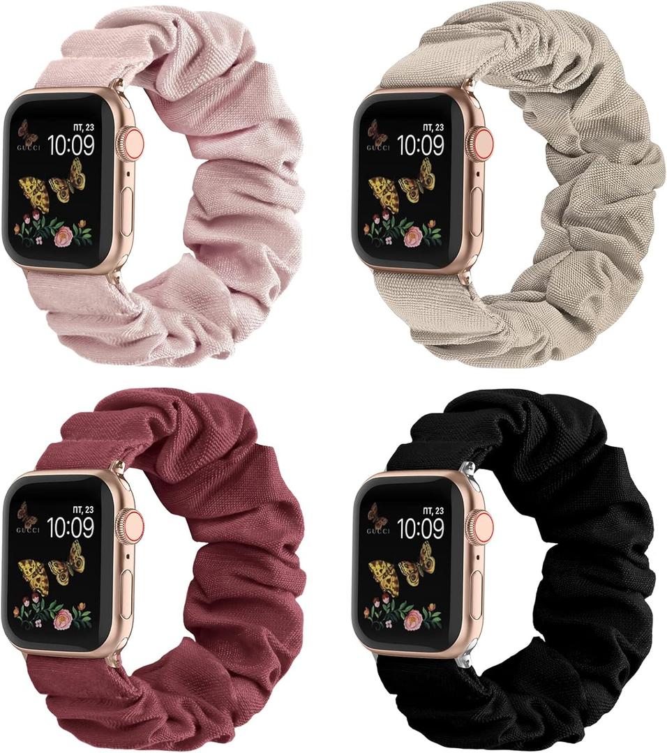 Recoppa Compatible for Apple Watch Band Scrunchie Cute Printed Elastic Solo Loop Bands Women Bracelet Strap for iWatch, 4 Packs (Black/Pink/Milk Tea/Wine Red), Size: 44/45/46/42mm(Series 3)-S(4.7"-6.0")