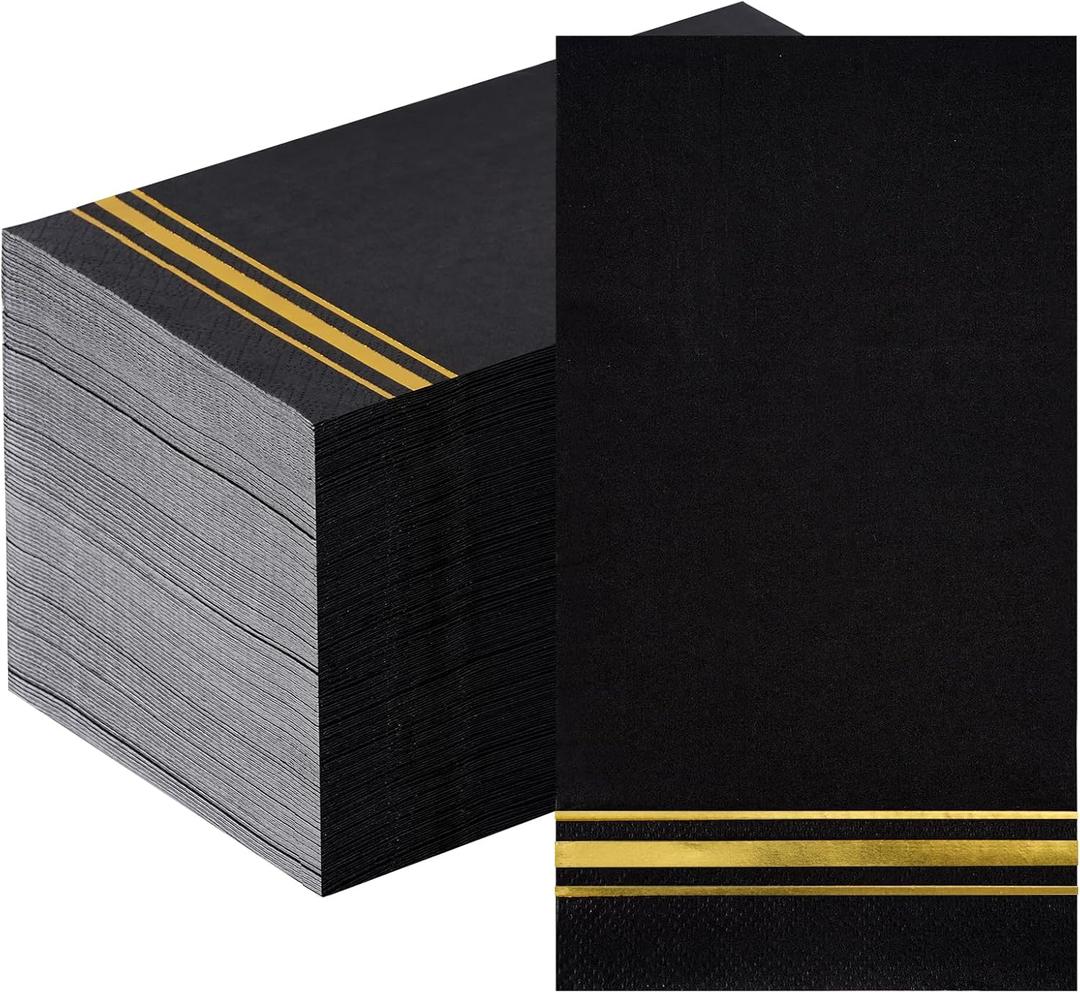 Hunanyume 100pcs 3-Ply Black and Gold Paper Napkins, Black Elegant Dinner Napkins, Gold Foil Guest Napkins Disposable Hand Towels for Bathroom Wedding Anniversary Birthday Holiday Party