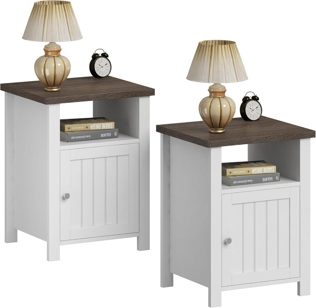 ChooChoo Farmhouse Nightstands Set of 2, Rustic Vintage End Side Table with Storage and Open Shelf, Small Bedside Tables for Bedroom, White