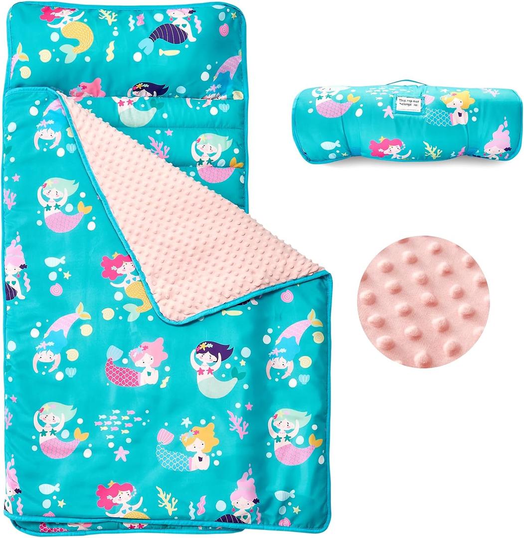 beeweed Toddler Nap Mat, Rollup Design Kid Sleeping Mat with Removable Pillow & Minky Blanket, Toddler Sleeping Bag for Daycare Preschool Travel Camping (Mermaid)