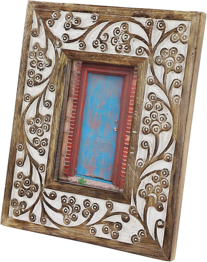 Deco 79 Rectangular Carved Wood Antique Floral Picture Frame w/Whitewash Finish, 8.5 x 10, Brown (54644)