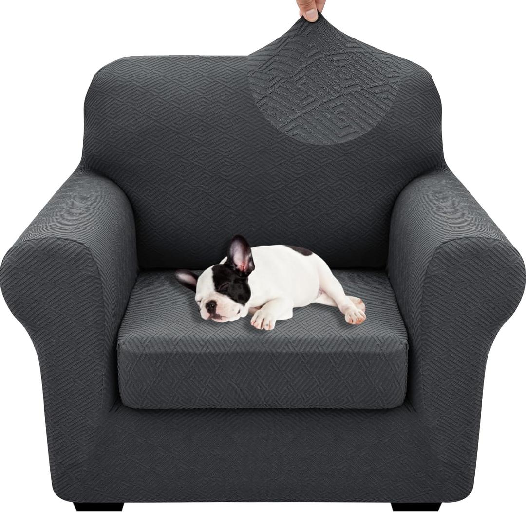 XINEAGE 2026 New 2 Pieces Chair Covers with Arms Super Stretch Chair Slipcover for Living Room Pet Dog Universal Slip Cover Anti Slip Armchair Furniture Protector (Dark Gray), 31"-46" (1 Cushion)