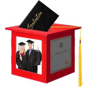Menkxi 2026 Wooden Graduation Card Box Holder for Party with Picture Frame Graduation Cap Shaped Gift Card Box Decorations with Tassel for Grad College Party Favors(Red)