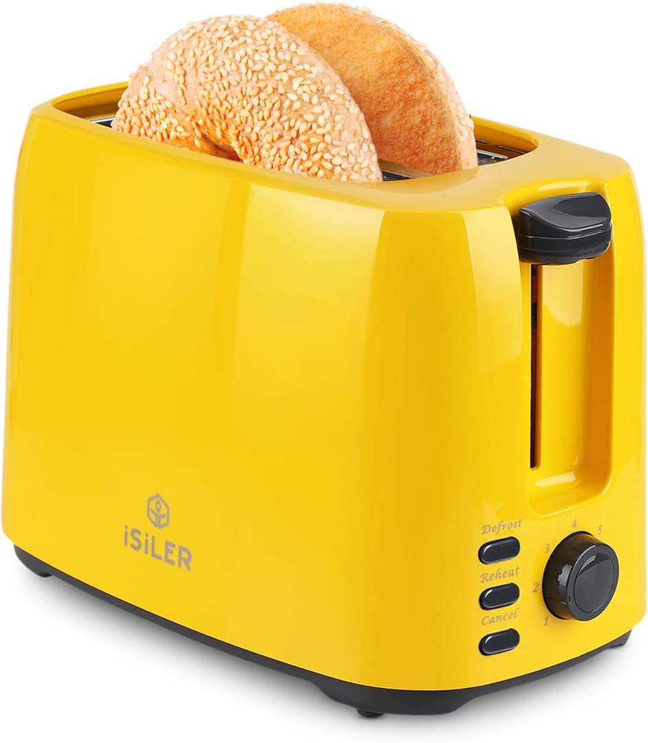 iSiLER 2 Slice Toaster with 1.3 Inches Wide Slot, 7 Browning Settings, Double Side Baking, Removable Crumb Tray, Defrost Reheat Cancel Function, Yellow
