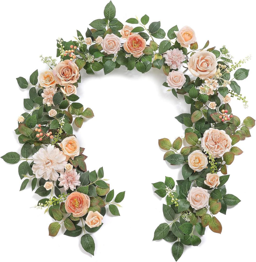 YYHUAWU 6FT Artificial Rose Flower Runner Rustic Flower Garland Mantle Floral Arrangements DIY Wedding Ceremony Backdrop Arch Flowers Table Centerpieces Decorations (Champagne)
